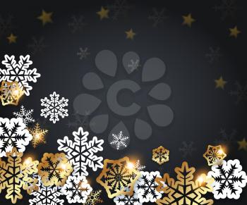 Black Christmas background with golden and white paper snowflakes. Design for Christmas card.