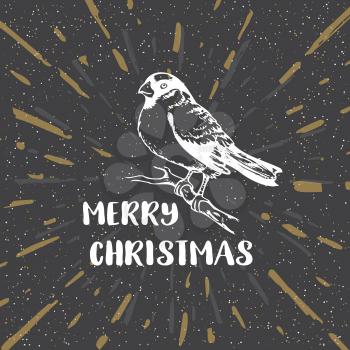 Black vintage vector Christmas background with bullfinch. Design for Christmas card.