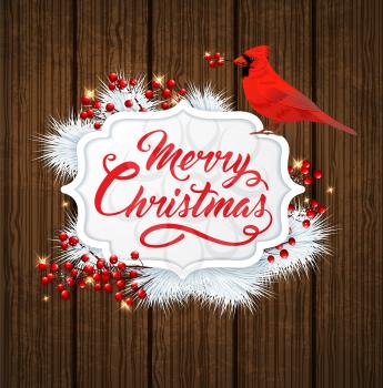 Christmas banner with red berries, white fir branch and cardinal bird on wooden background. Merry Christmas lettering. Design for greeting Christmas card.