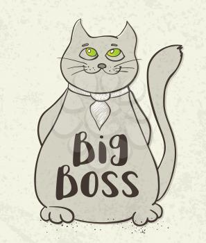 Cartoon cat character with Big boss lettering. Hand drawn vector illustration.