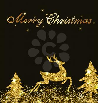 Christmas shining background with golden glitter deer and firs. Design for Christmas card.