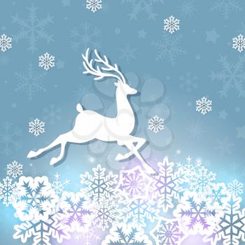 Christmas background with white cut from paper deer and snowflakes. Design for Christmas card.