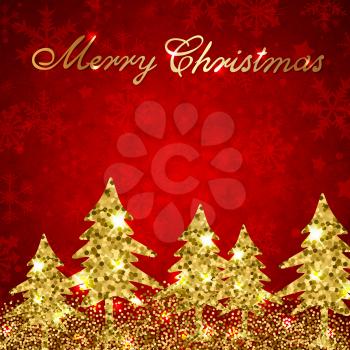 Red Christmas shining background with golden glitter firs. Design for Christmas card.