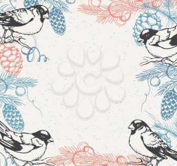 Vintage vector hand drawn Christmas background with bullfinches and Christmas tree.