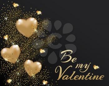 Abstract Valentine golden glitter background with shining hearts. Festive greeting card.