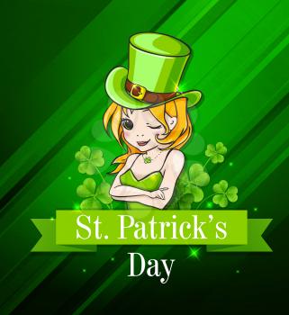 Girl in a green hat on abstract background. Design for St. Patrick's day.