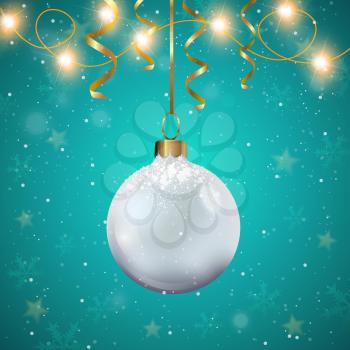 White Christmas decoration and golden ribbons on a green background. Design for Christmas card.