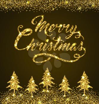 Golden glitter Christmas greeting inscription and fir on a brown background. Design for Christmas card.