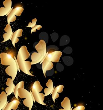 Golden shining butterflies on a black background. 