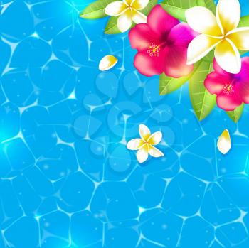 Tropical summer background with red flowers and leaves floating in the water. Vector illustration.
