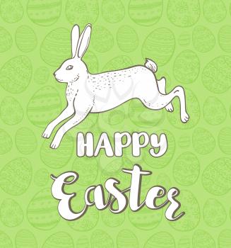 Decorative Easter greeting card with rabbit on a green background. Hand drawn vector illustration.