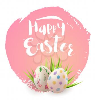 Easter card with eggs and green grass on a pink background