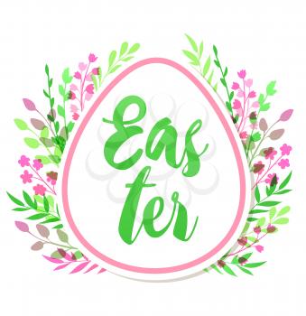 Decorative greeting card for Easter with pink and green flowers on a white background