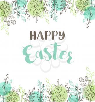 Decorative Easter greeting card with green leaves. Hand drawn vector illustration.