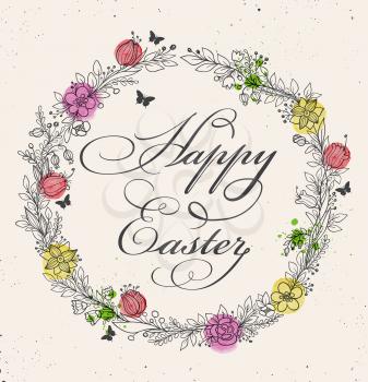 Vintage greeting card for Easter with floral frame. Hand drawn vector illustration with watercolor elements.
