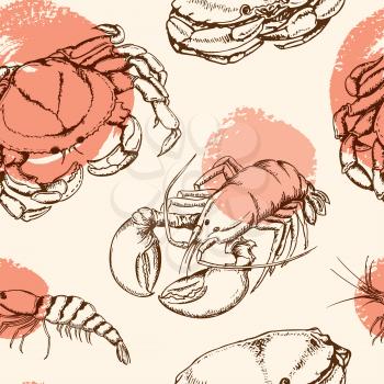 Vector vintage seamless pattern with crab, shrimp and lobster
