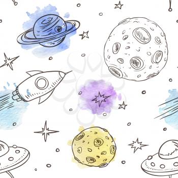 Vector hand drawn seamless pattern with space doodles on a white background