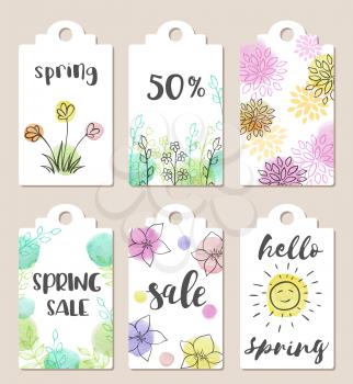 Set of hand drawn tags for spring sale with watercolor textures and flowers