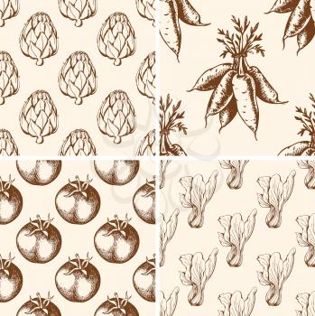 Set of vintage vector hand drawn seamless patterns with vegetables