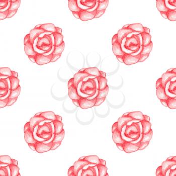 Hand drawn watercolor seamless pattern with red roses on a white background