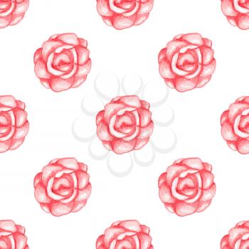 Hand drawn watercolor seamless pattern with red roses on a white background