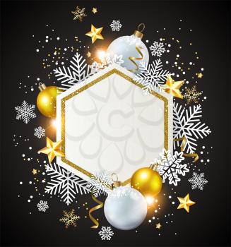 Christmas abstract black background with golden and white decorations and snowflakes. New year greeting card. Vector illustration.