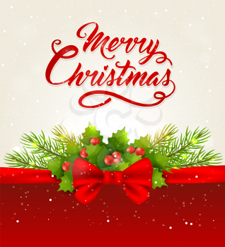 Vector Christmas background with red bow, fir branch and greeting inscription. Merry Christmas lettering