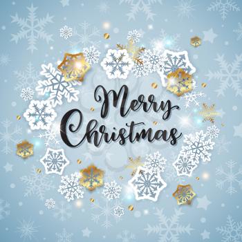 Vector Christmas banner with white and golden paper snowflakes on a blue background. Merry Christmas lettering.