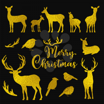 Set of vector golden deers and birds silhouettes on a black background. Winter Christmas design kit