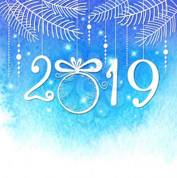Christmas background with white paper decorations and fir branch on a blue watercolor background. Design for New year greeting card. Vector illustration