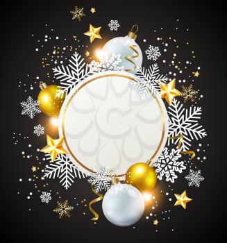 Abstract vector Christmas round banner with snowflakes. White and golden decorations on a black background. 
