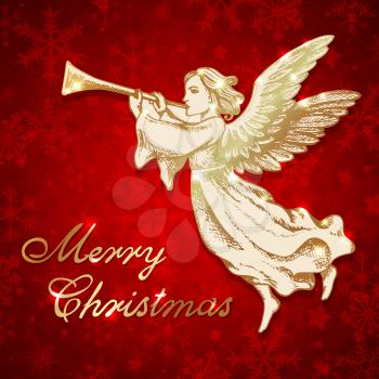Golden Christmas angel blows into the trumpet. Hand drawn vector greeting card in vintage style. Merry Christmas lettering