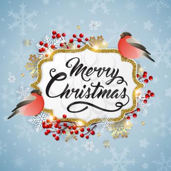 Vector Christmas background with snowflakes and bullfinch birds. New year greeting card. Merry Christmas lettering
