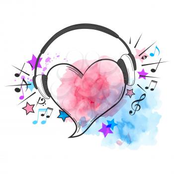 Musical vector watercolor background with red heart and headphones