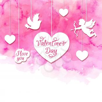 Pink watercolor romantic Valentine background with cupid and hearts cut out of paper. Vector illustration. 