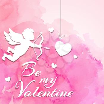 Pink watercolor romantic Valentine background with cupid and hearts cut out of paper. Vector illustration. 