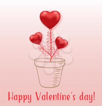 Red hearts houseplant in flower pot on a pink background. Greeting card for Saint Valentine's day. Hand drawn vector illustration.