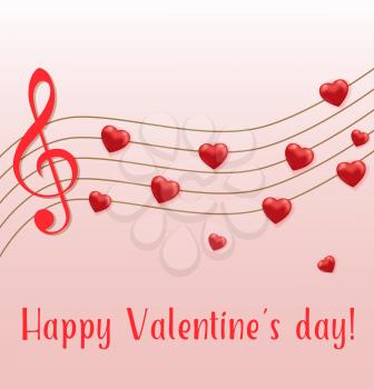 Music notes of red hearts on a pink background. Greeting card for Saint Valentine's day. Vector illustration.