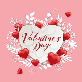 White paper cut flowers and red hearts on a pink background. Greeting card for Saint Valentine's day. Vector illustration.