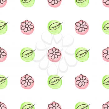 Hand drawn doodle spring floral seamless pattern with flowers, leaves and watercolor blobs. Decorative vector background