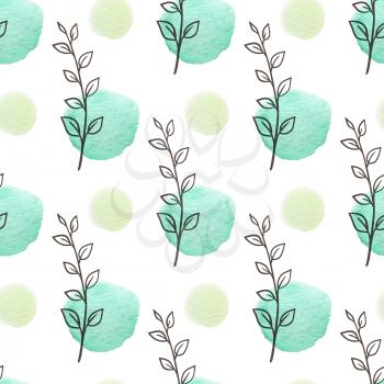 Decorative spring seamless pattern with green leaves and watercolor blots. Hand drawn vector illustration.