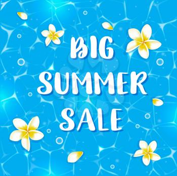 Blue vector summer background with tropical flowers in water. Banner for seasonal summer sale. 