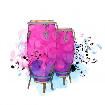 Music notes and drums on watercolor background. Vector illustration.