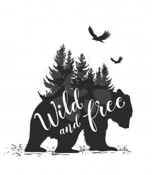 Silhouette of a wild bear, fir tree and calligraphy. Wild life in nature.