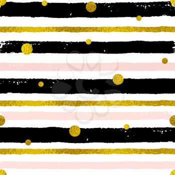 Vector abstract striped seamless pattern with golden circles. Decorative grunge background with black, pink and golden strips 