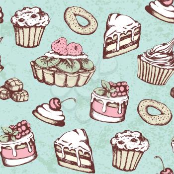 Hand drawn seamless pattern with candies and cakes in vintage style. Vector green background with sweets.