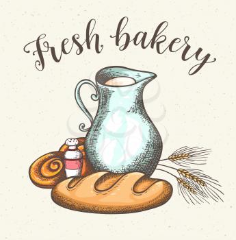 Vintage background with Jug of milk and fresh bread. Dairy and bakery products. Hand drawn vector illustration.