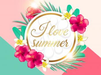 Abstract summer tropical background with green palm leaves and red flowers. I love summer lettering.