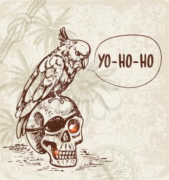 Hand drawn skull and pirate parrot. Vintage vector background.