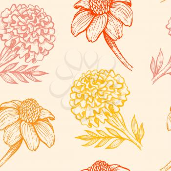 Autumn vintage seamless pattern with orange and yellow flowers. Hand drawn vector decorative background.